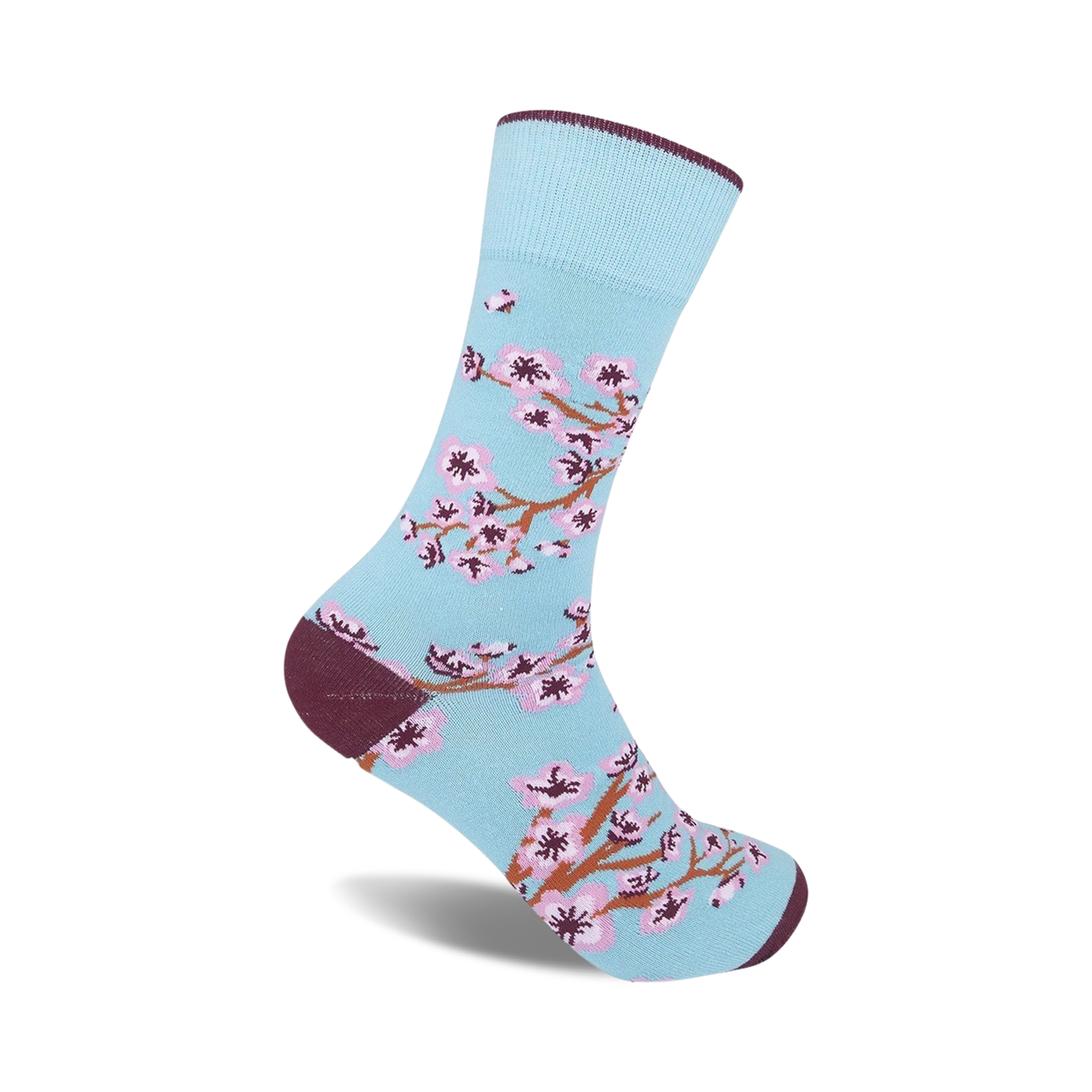 Crew socks in pale blue featuring a pink and brown cherry blossom design.  A maroon-colored cuff adds a touch of sophistication.
