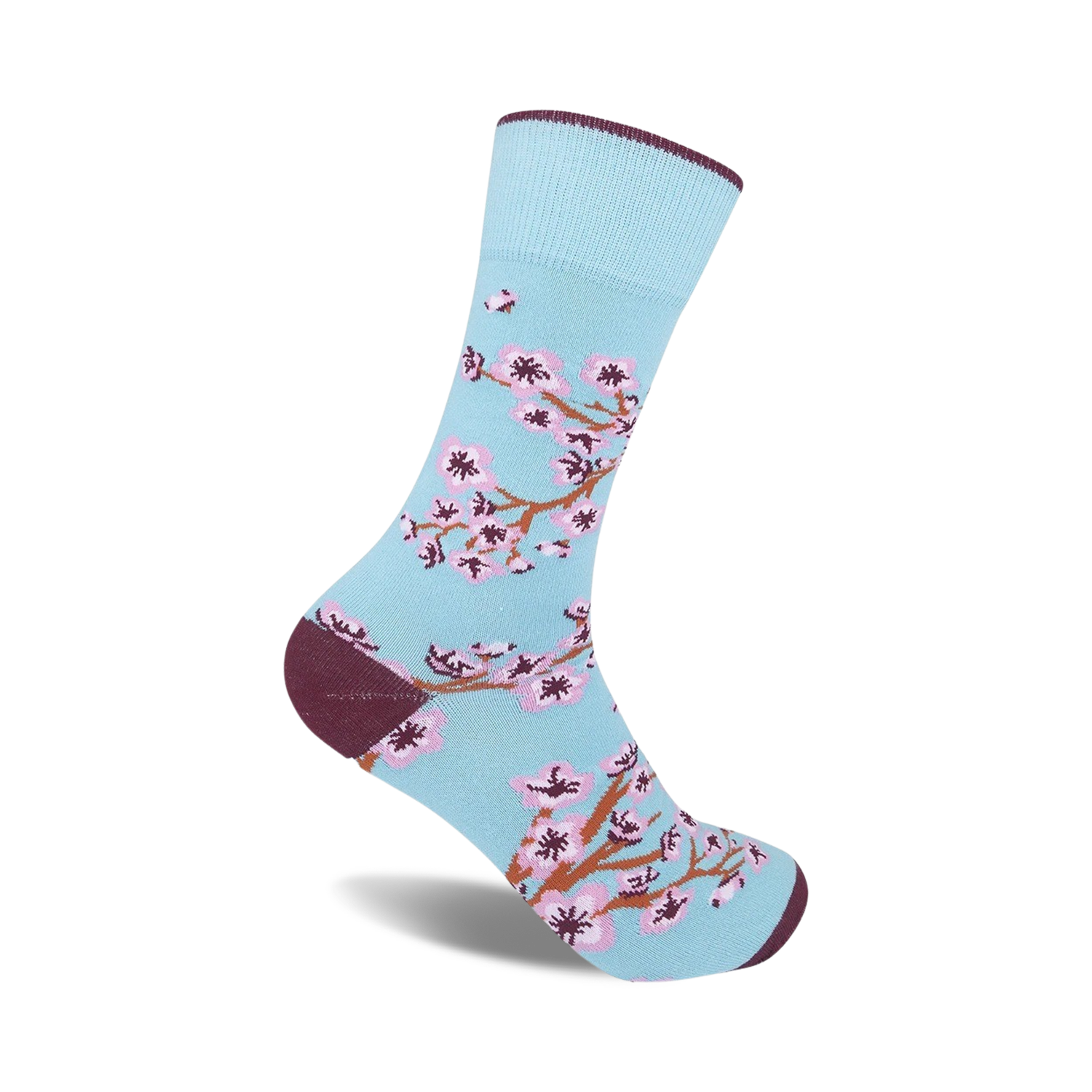 Crew socks in pale blue featuring a pink and brown cherry blossom design.  A maroon-colored cuff adds a touch of sophistication.