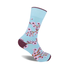 blue crew socks with cherry blossom pattern in pink, brown branches, five petals, women's   