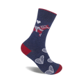 Crew socks in navy blue with a red Dala horse, white hearts, and red heel and toe.