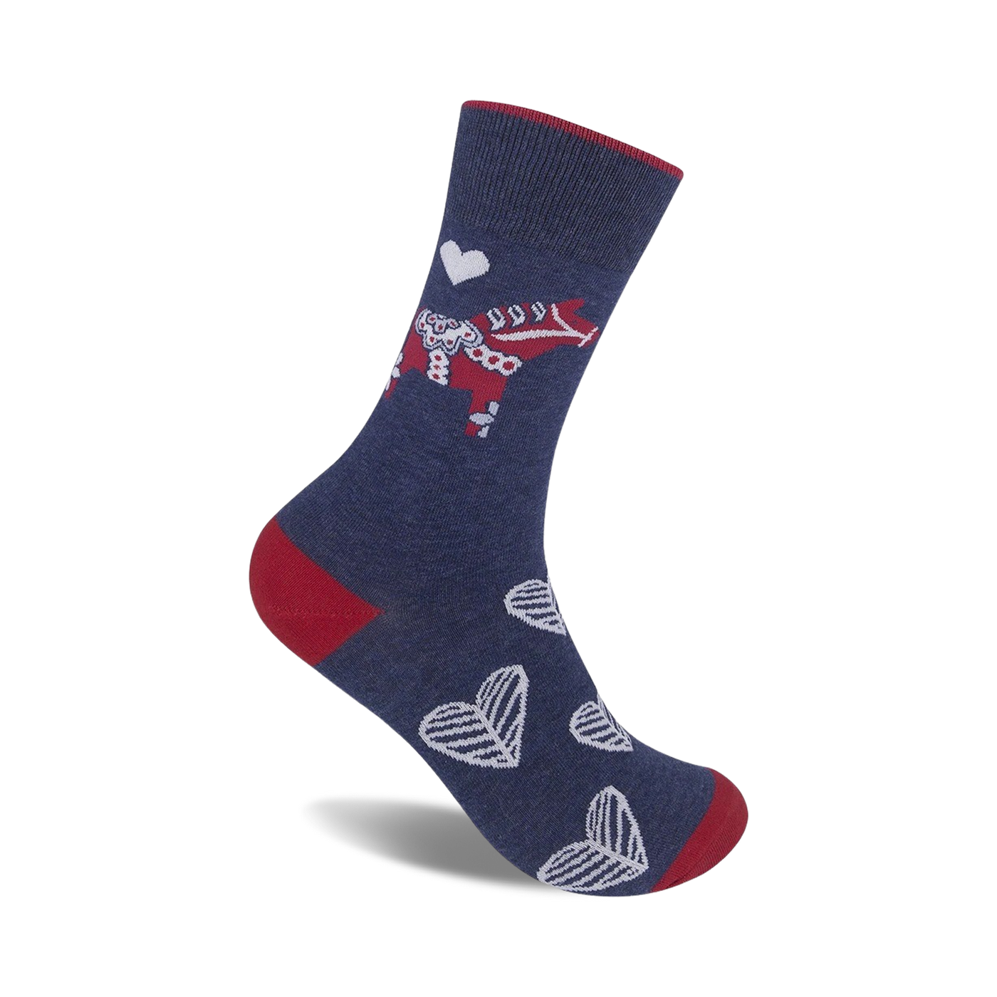 Crew socks in navy blue with a red Dala horse, white hearts, and red heel and toe.