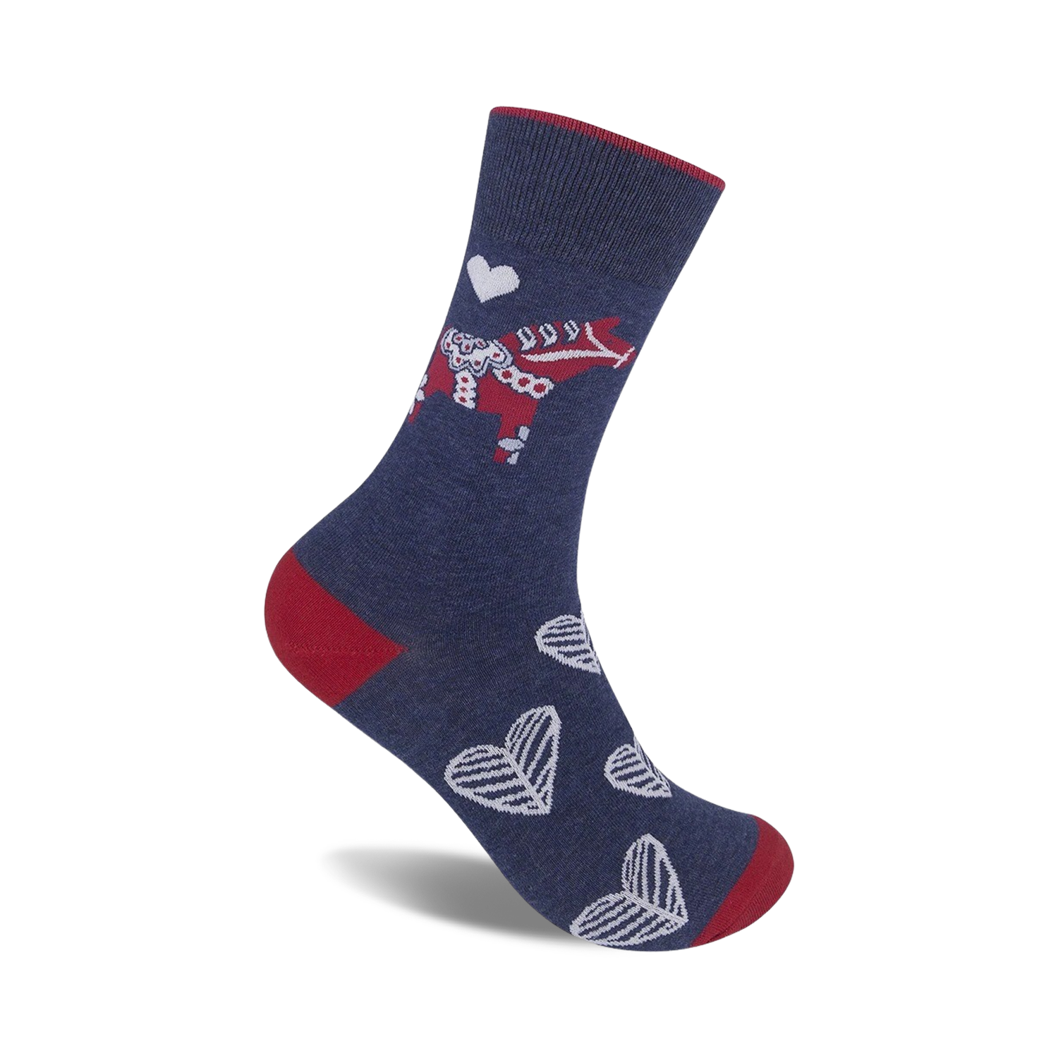 Crew socks in navy blue with a red Dala horse, white hearts, and red heel and toe.