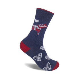 blue crew socks with red and white hearts and white dala horse pattern. for men and women.   
