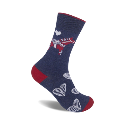 blue crew socks with red and white hearts and white dala horse pattern. for men and women.   