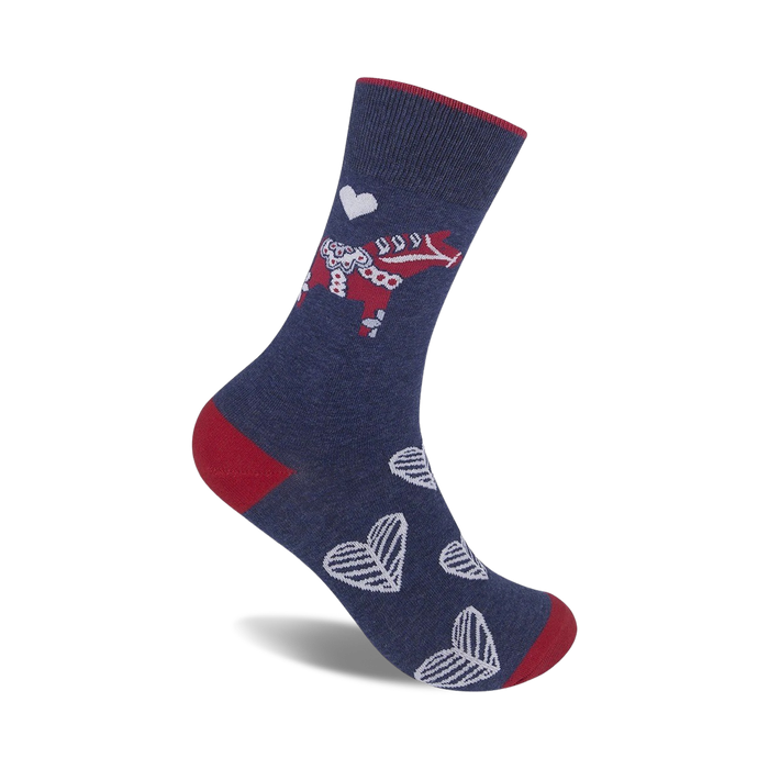 blue crew socks with red and white hearts and white dala horse pattern. for men and women.    }}