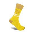 A mustard yellow crew sock with thin brown stripes and a graphic of cheese with the text 'Super Cheezy' in white.