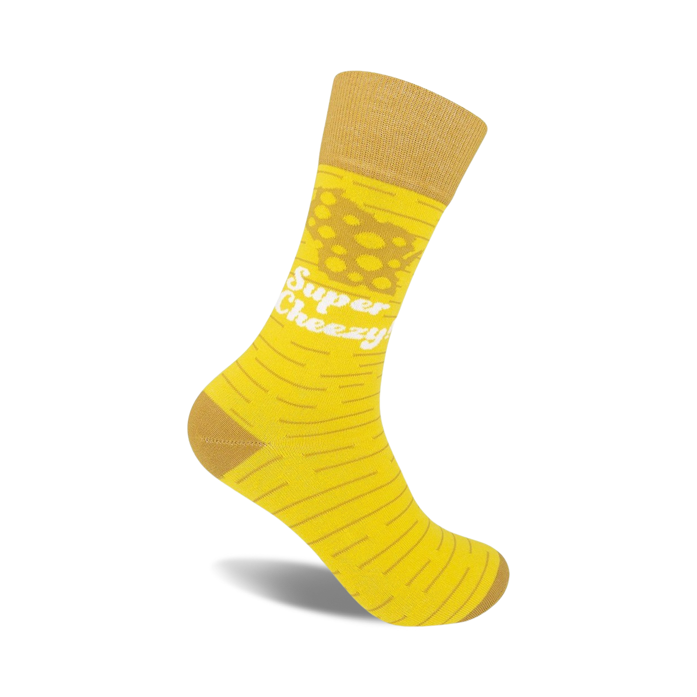 A mustard yellow crew sock with thin brown stripes and a graphic of cheese with the text 'Super Cheezy' in white.