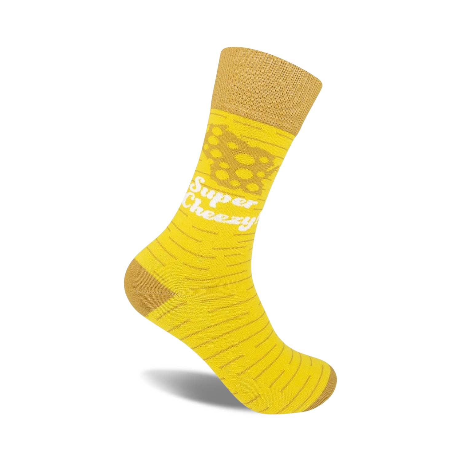 A mustard yellow crew sock with thin brown stripes and a graphic of cheese with the text 'Super Cheezy' in white.