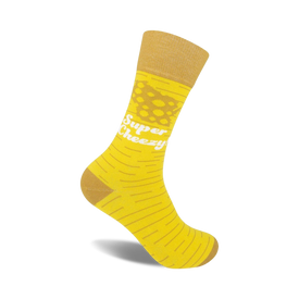 crew-length super cheezy yellow socks with small polka dots, brown toes and heels, brown and white striped cuffs, and "super cheezy" lettering.   