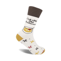 Cream crew socks with a brown cuff, featuring an illustration of an Old Fashioned cocktail and small mustard and red x's.