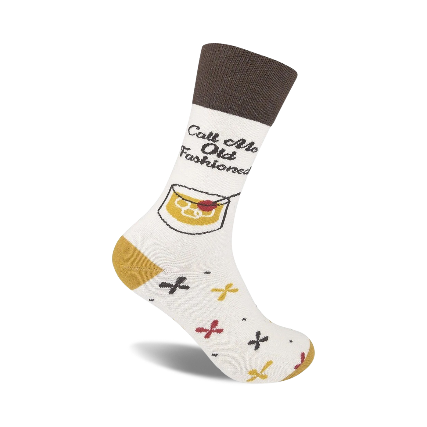 Cream crew socks with a brown cuff, featuring an illustration of an Old Fashioned cocktail and small mustard and red x's.