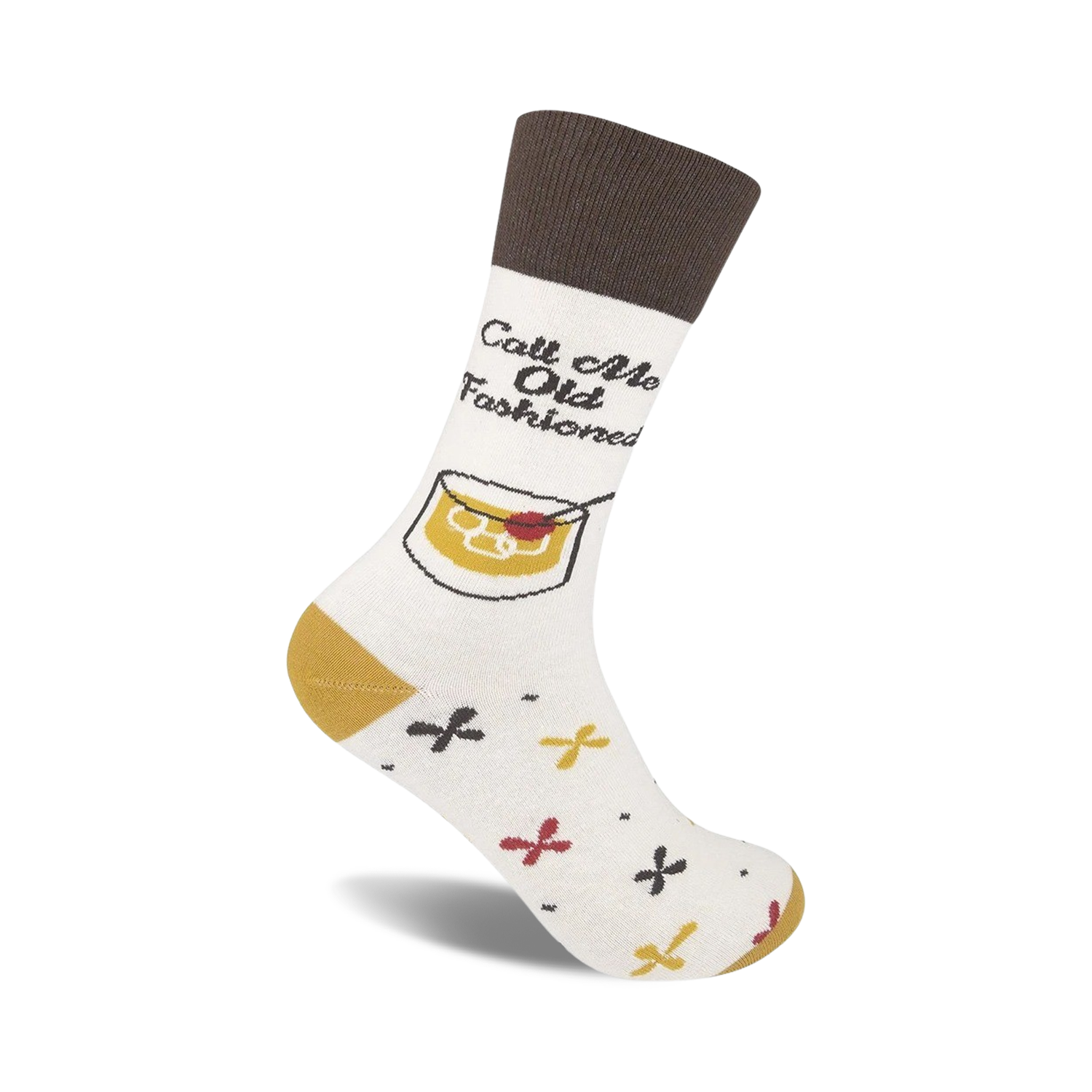 Cream crew socks with a brown cuff, featuring an illustration of an Old Fashioned cocktail and small mustard and red x's.