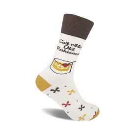white crew socks with brown tops and text that says 'call me old fashioned'. whiskey-related graphic with cherry in glass. fun unisex socks.  