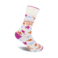 Cream crew socks with 'Crushing This Mom Thing' text, pink and orange flowers, and magenta heel and toe.