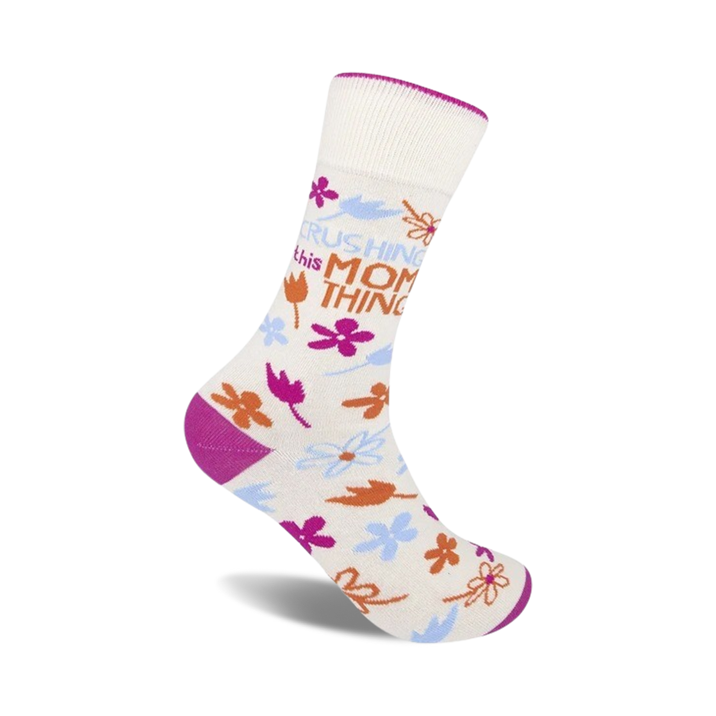 Cream crew socks with 'Crushing This Mom Thing' text, pink and orange flowers, and magenta heel and toe.
