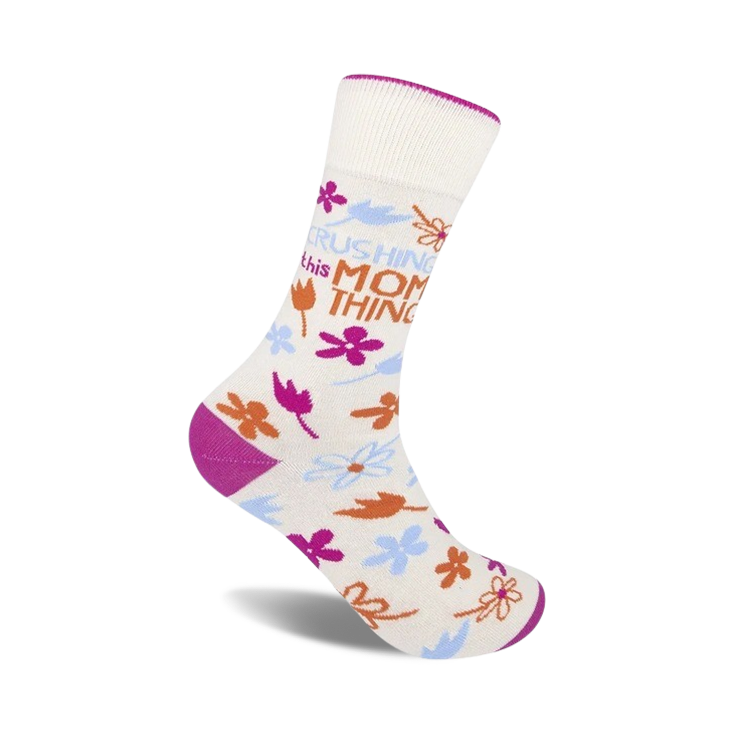 Cream crew socks with 'Crushing This Mom Thing' text, pink and orange flowers, and magenta heel and toe.