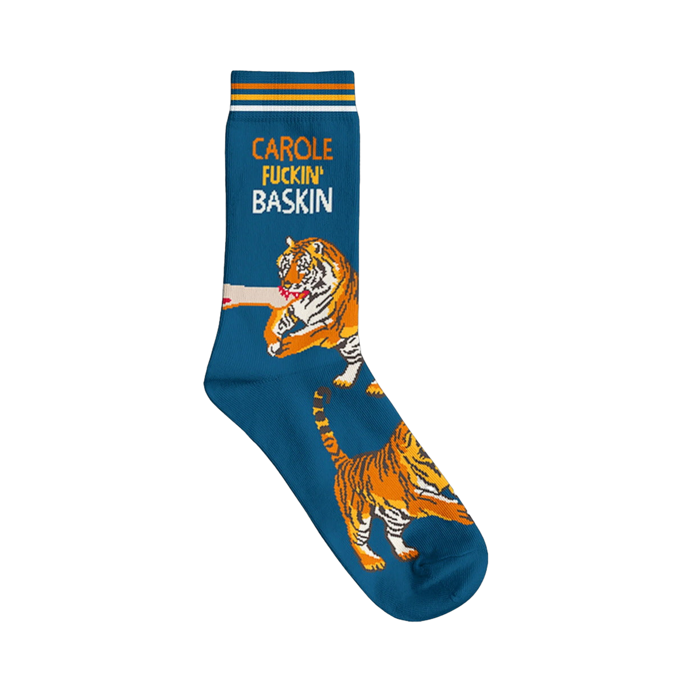 Crew socks in teal featuring orange tigers and the phrase 'Carole Fuckin' Baskin'. 
