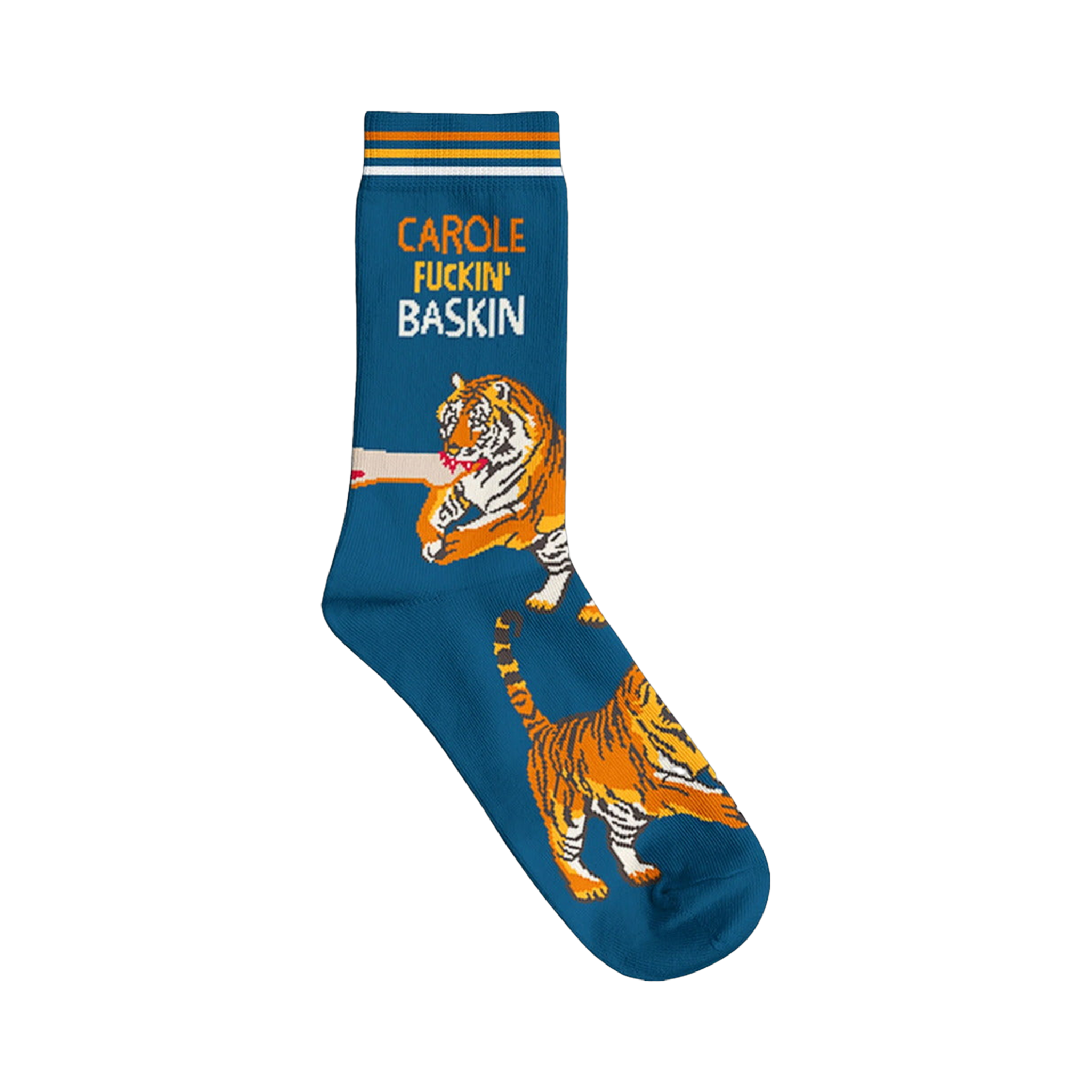 Crew socks in teal featuring orange tigers and the phrase 'Carole Fuckin' Baskin'. 