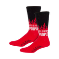 A pair of crew socks in red and black.  The socks feature a design of flames and the text 'Hell is Other People'.