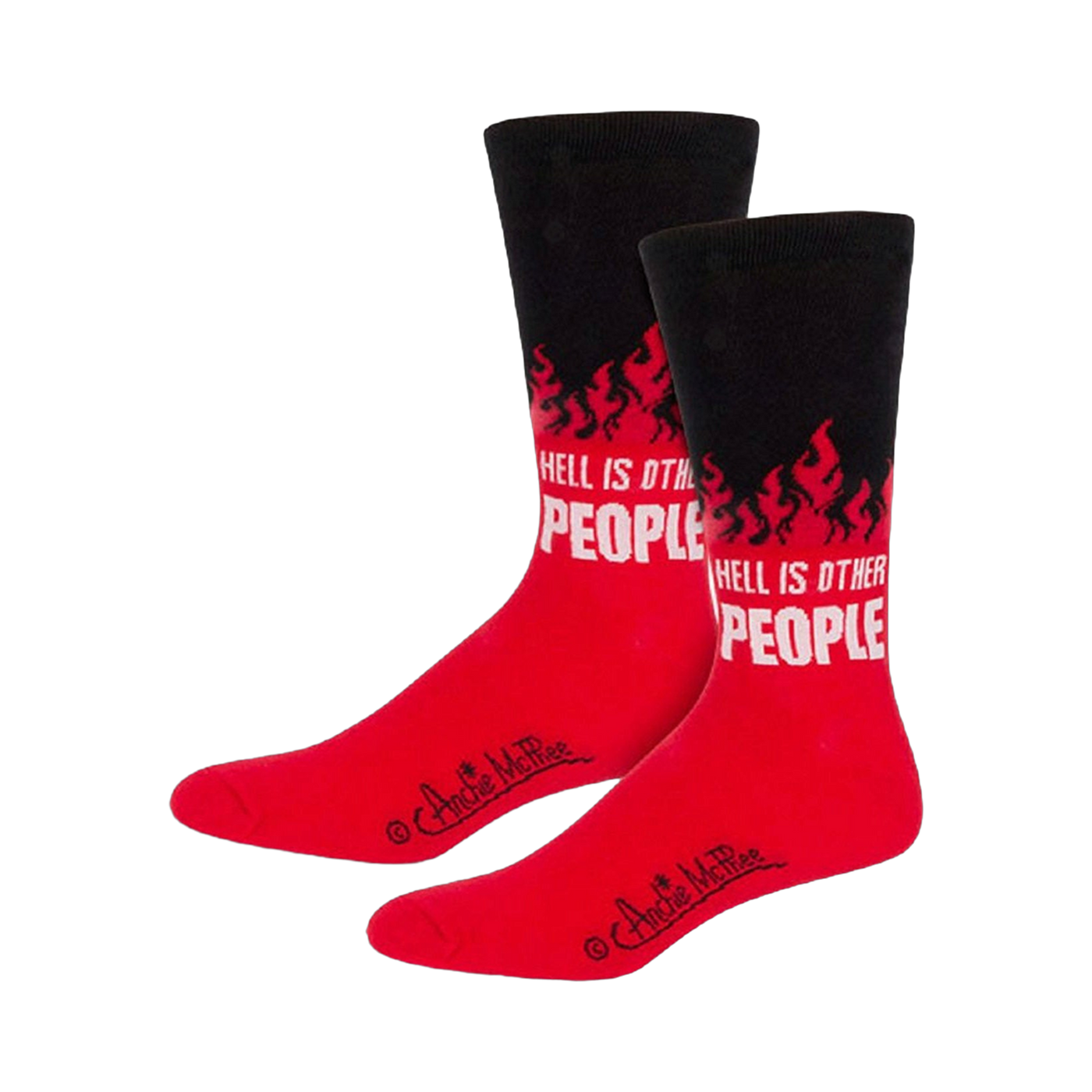 A pair of crew socks in red and black.  The socks feature a design of flames and the text 'Hell is Other People'.
