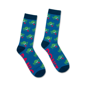 blue crew socks with green cartoonish-looking monsters with red tongues sticking out. perfect for fans of the hitchhiker's guide to the galaxy.  