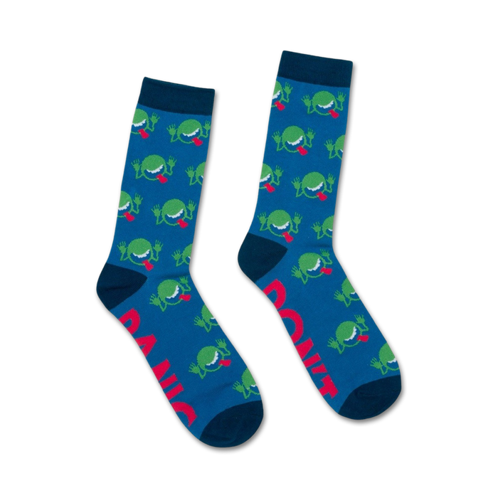 blue crew socks with green cartoonish-looking monsters with red tongues sticking out. perfect for fans of the hitchhiker's guide to the galaxy.  