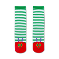 Pair of children's crew socks. Green and white stripes with a red Very Hungry Caterpillar face on each toe.