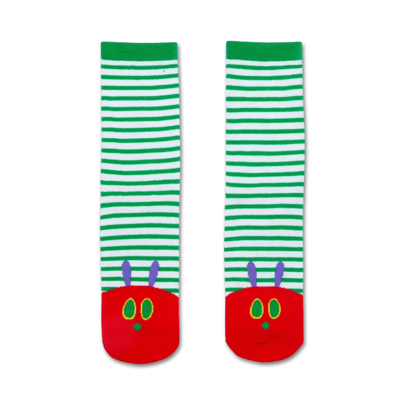 Pair of children's crew socks. Green and white stripes with a red Very Hungry Caterpillar face on each toe.