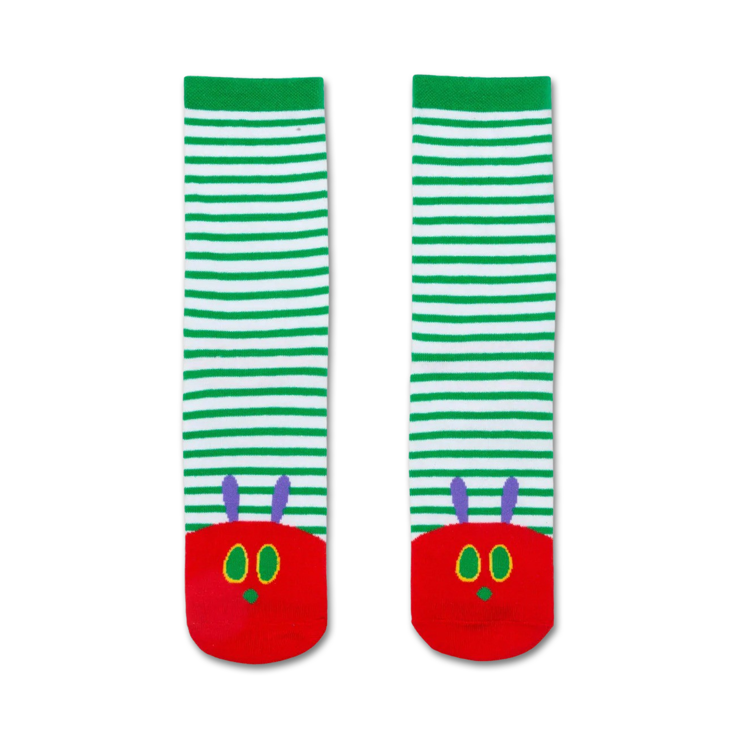 Pair of children's crew socks. Green and white stripes with a red Very Hungry Caterpillar face on each toe.