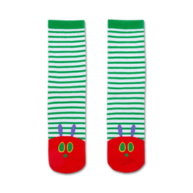 world of eric carle the very hungry caterpillar green white stripe red toe face men women crew socks   