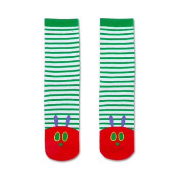 world of eric carle the very hungry caterpillar green white stripe red toe face men women crew socks   