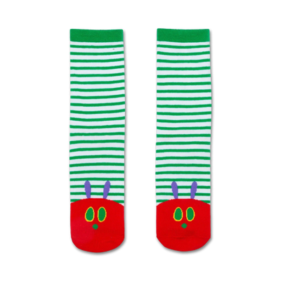 world of eric carle the very hungry caterpillar green white stripe red toe face men women crew socks   