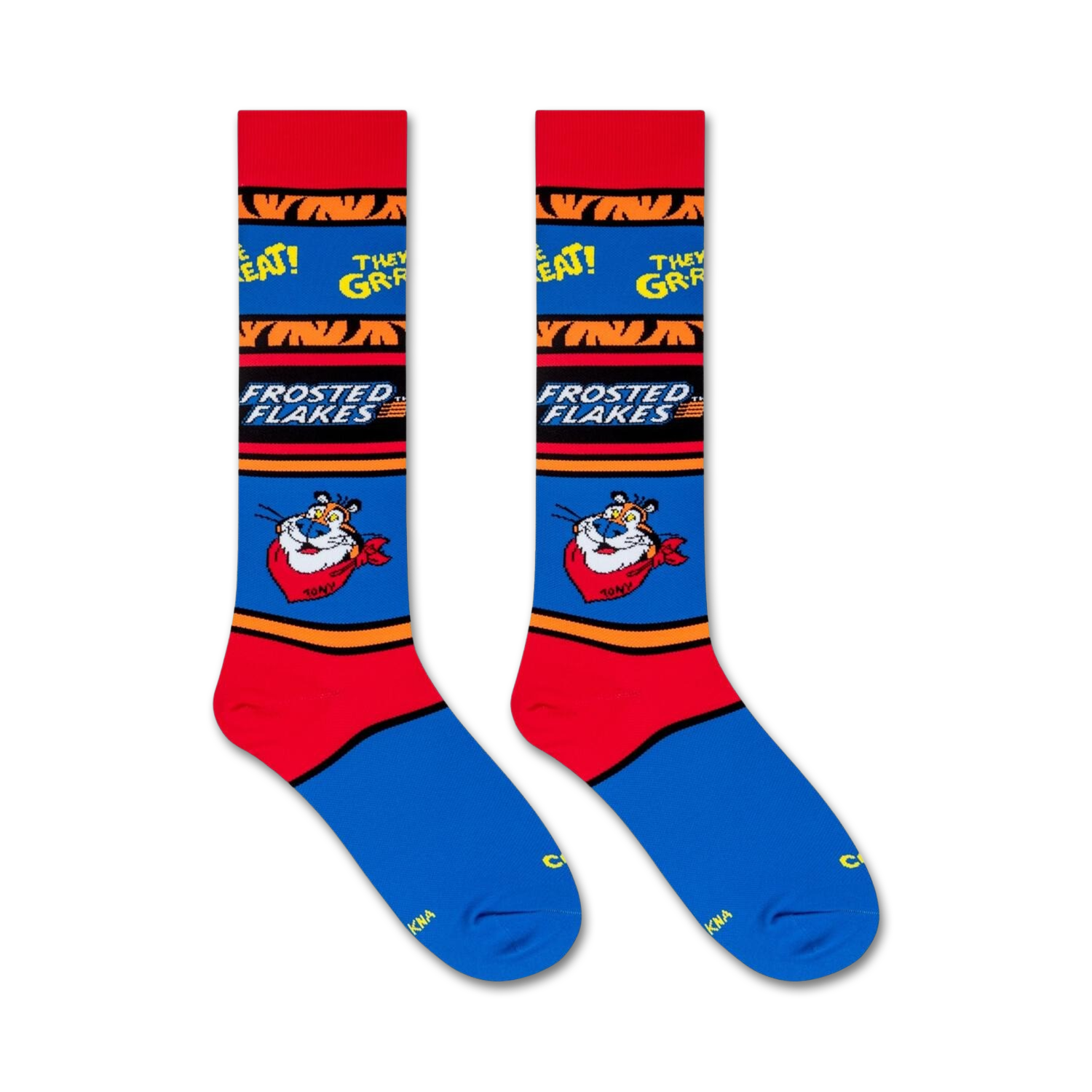 Lifestyle shot showing Frosted Flakes Tony the Tiger socks on a model's legs.