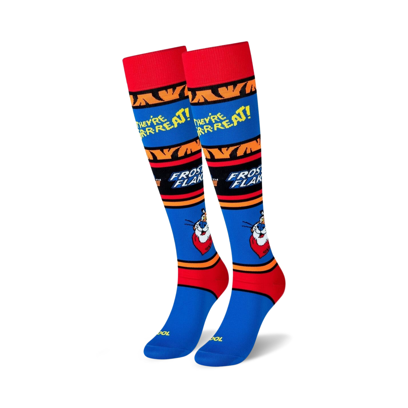Pair of knee-high socks in blue, red, and yellow. Features Tony the Tiger and 'They're Great!' Frosted Flakes branding.