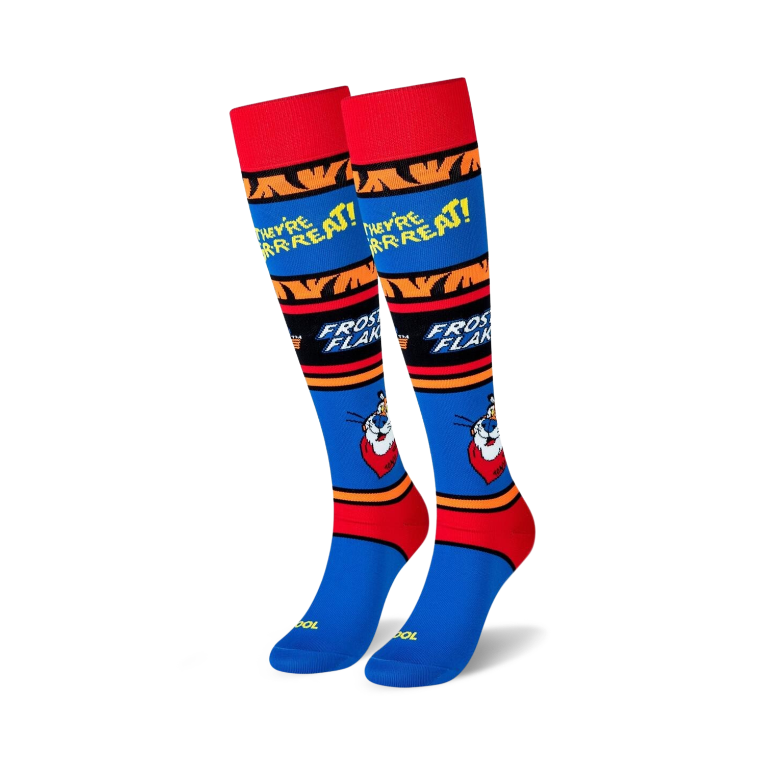 Pair of knee-high socks in blue, red, and yellow. Features Tony the Tiger and 'They're Great!' Frosted Flakes branding.