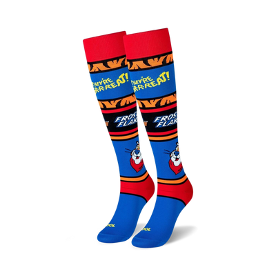 tony the tiger frosted flakes knee-high socks in blue with red and yellow stripes.  