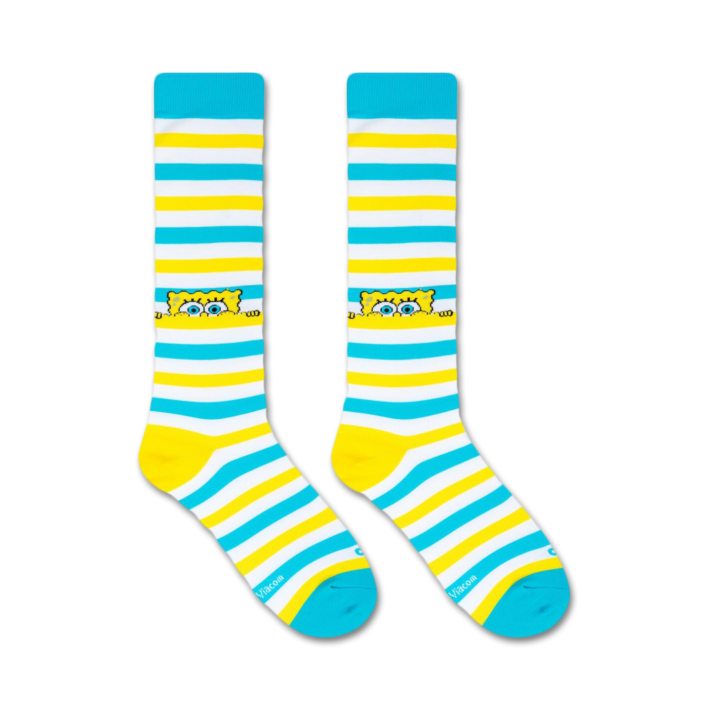 Flatlay image showing two Spongebob Peek knee-high socks in their packaging.