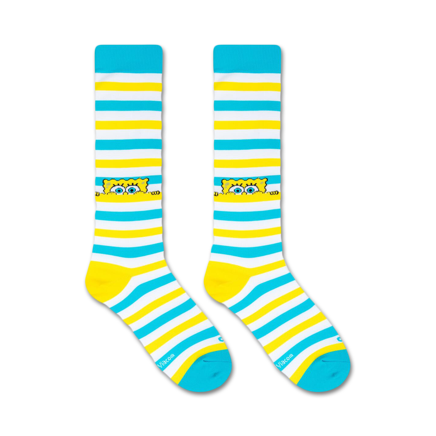 Flatlay image showing two Spongebob Peek knee-high socks in their packaging.