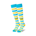 Pair of knee-high socks in teal, white, and yellow stripes.  Spongebob's face peeks out from the stripes on each sock.