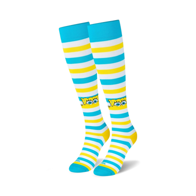 knee high blue and white striped spongebob peek socks for men and women.   