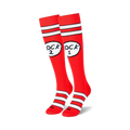 Pair of red knee-high socks with white stripes and a playful "Sock 1 Sock 2" design. 