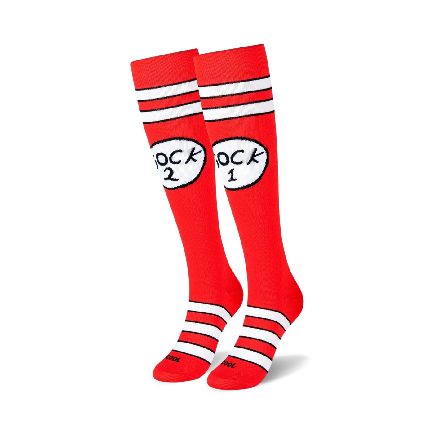 Pair of red knee-high socks with white stripes and a playful "Sock 1 Sock 2" design. 