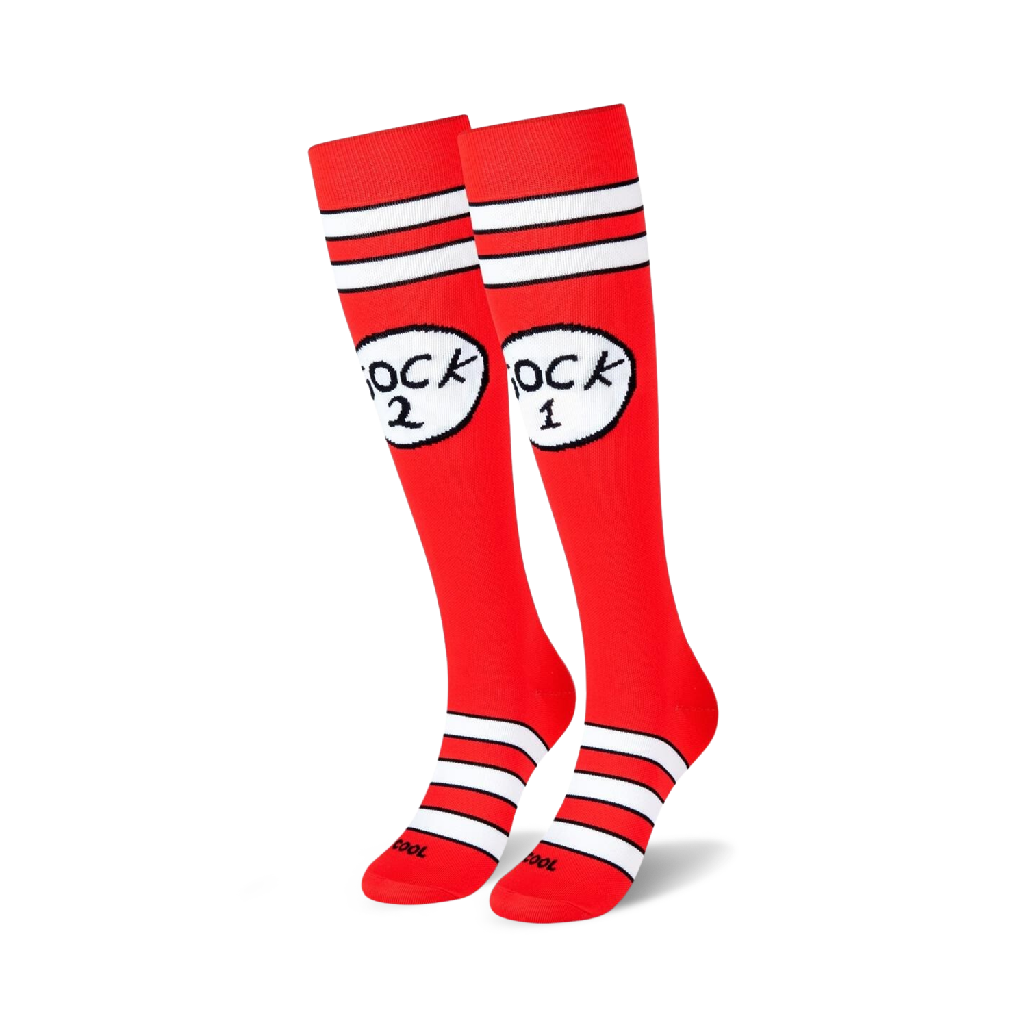 Pair of red knee-high socks with white stripes and a playful "Sock 1 Sock 2" design. 