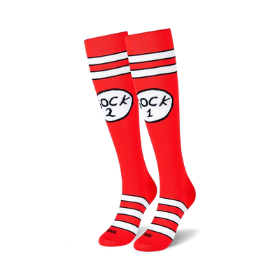 unique knee-high unisex socks featuring dr seuss characters sock 1 and sock 2. 