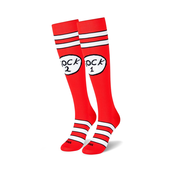 unique knee-high unisex socks featuring dr seuss characters sock 1 and sock 2. 
