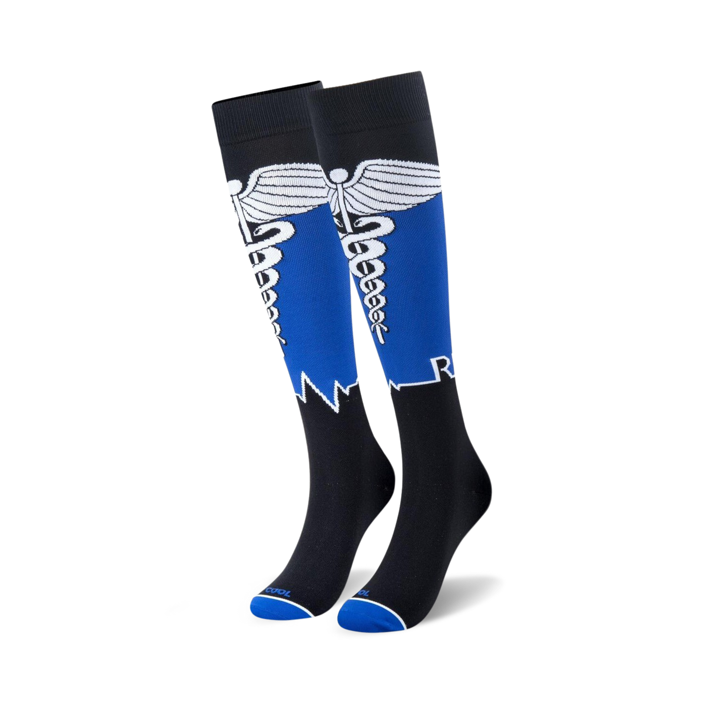 Pair of black and royal blue knee-high socks.  Features a caduceus medical symbol and 'RN' logo.