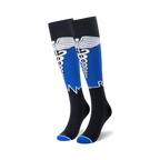 Pair of black and royal blue knee-high socks.  Features a caduceus medical symbol and 'RN' logo.