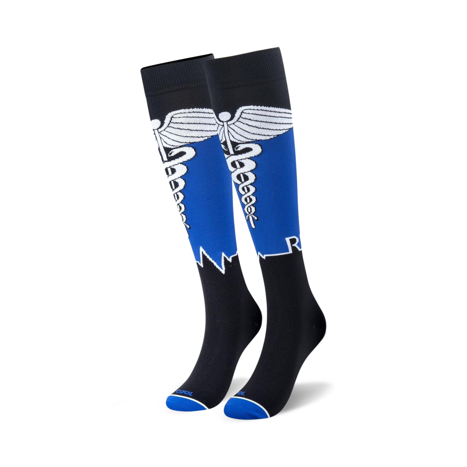 Pair of black and royal blue knee-high socks.  Features a caduceus medical symbol and 'RN' logo.
