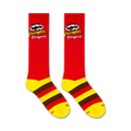 Flat lay of two Pringles-themed knee-high socks on a white background.