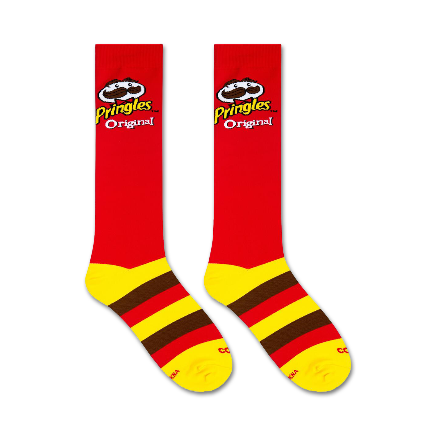 Flat lay of two Pringles-themed knee-high socks on a white background.